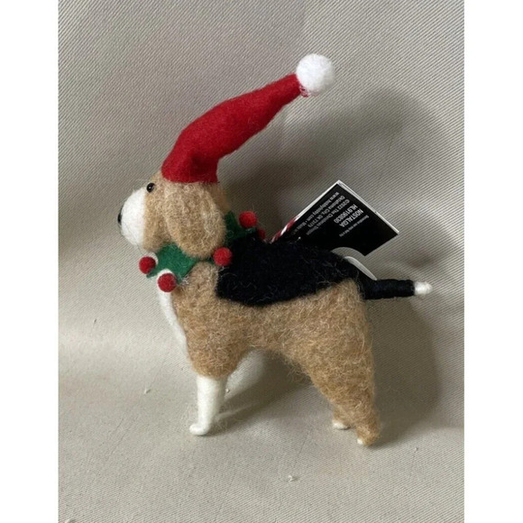 Beagle Felted Wool Christmas Holiday Tree Dog Ornament Santa Hat w/Scarf NEW - Picture 1 of 4